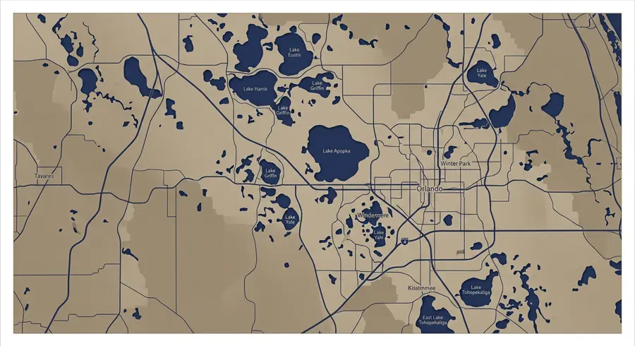Stylized map of the Central Florida lakes region covering Lake and Sumter County